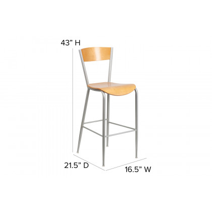 BLNK - Invincible Series Silver Restaurant Bar Stool with Natural Wood Back and Seat