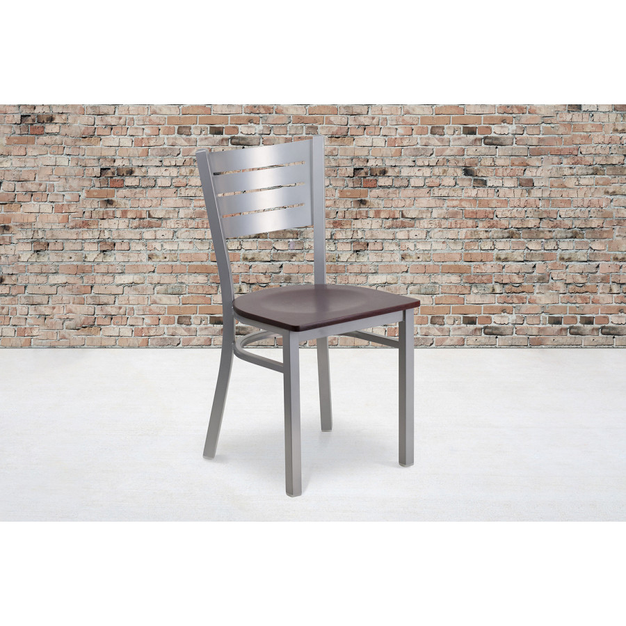 BLNK - HERCULES Series Silver Metal Slat Back Restaurant Chair with Wood Seat