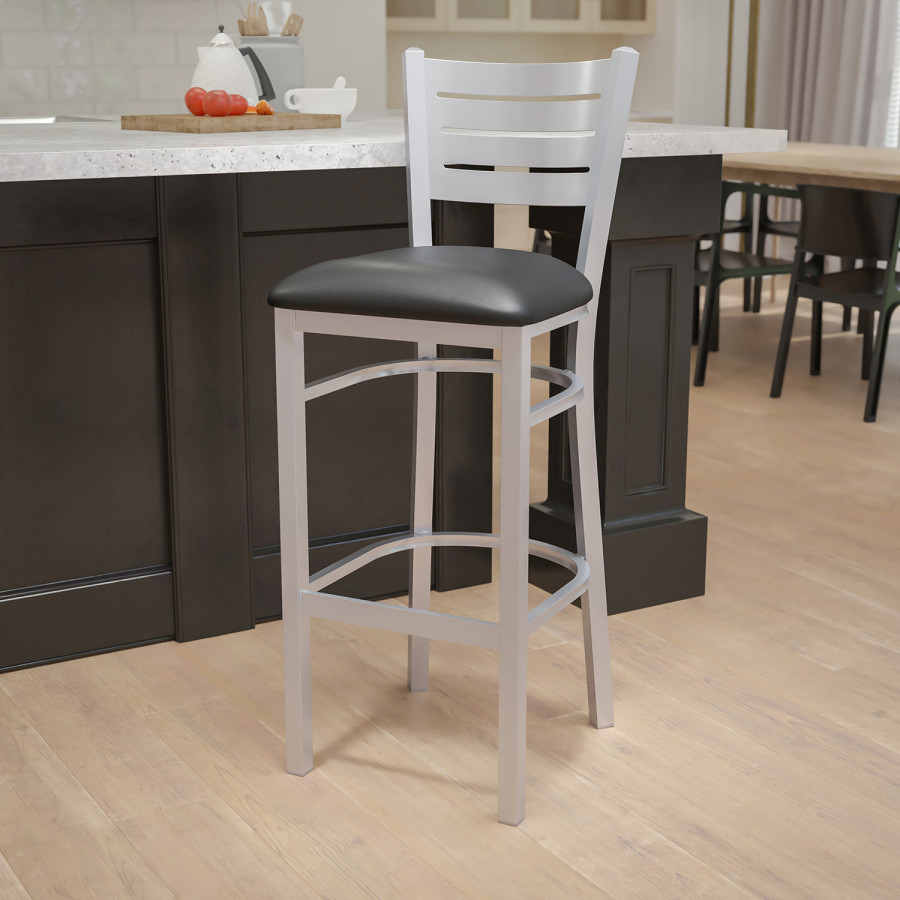 BLNK - HERCULES Series Silver Metal Slat Back Restaurant Bar Stool with Vinyl Seat