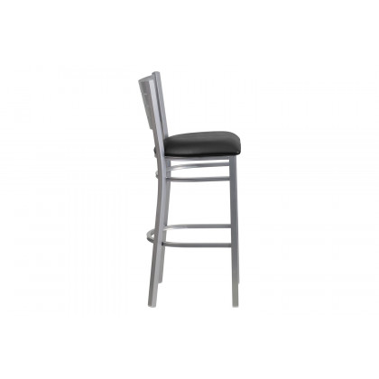 BLNK HERCULES Series Silver Metal Slat Back Restaurant Bar Stool with Vinyl Seat - Black