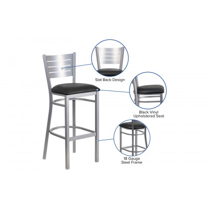 BLNK HERCULES Series Silver Metal Slat Back Restaurant Bar Stool with Vinyl Seat - Black