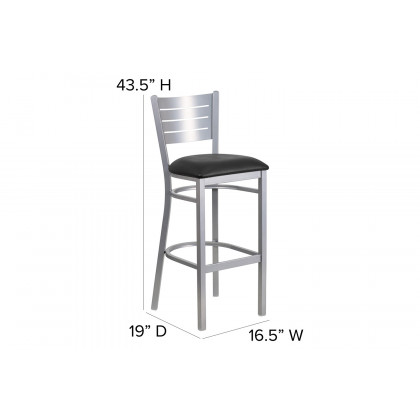 BLNK HERCULES Series Silver Metal Slat Back Restaurant Bar Stool with Vinyl Seat - Black