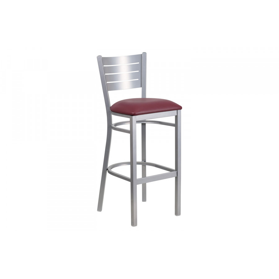 BLNK HERCULES Series Silver Metal Slat Back Restaurant Bar Stool with Vinyl Seat - Burgundy