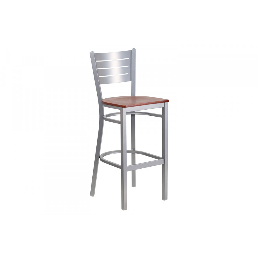 BLNK - HERCULES Series Silver Metal Slat Back Restaurant Bar Stool with Wood Seat