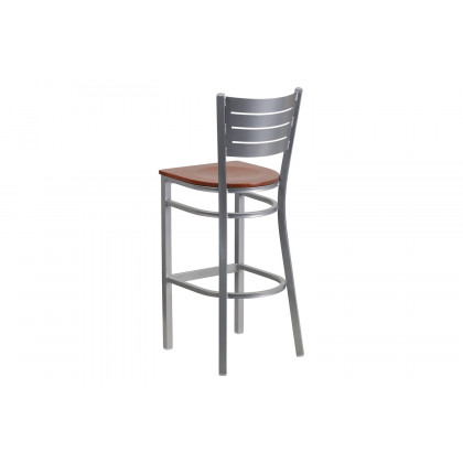 BLNK HERCULES Series Silver Metal Slat Back Restaurant Bar Stool with Wood Seat - Cherry
