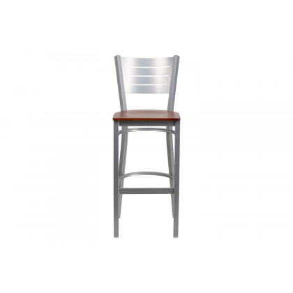 BLNK HERCULES Series Silver Metal Slat Back Restaurant Bar Stool with Wood Seat - Cherry