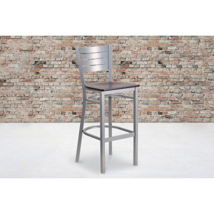 BLNK - HERCULES Series Silver Metal Slat Back Restaurant Bar Stool with Wood Seat