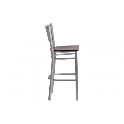 BLNK HERCULES Series Silver Metal Slat Back Restaurant Bar Stool with Wood Seat - Mahogany