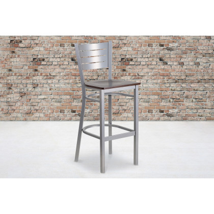 BLNK - HERCULES Series Silver Metal Slat Back Restaurant Bar Stool with Wood Seat