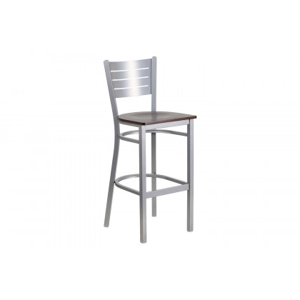 BLNK HERCULES Series Silver Metal Slat Back Restaurant Bar Stool with Wood Seat - Walnut