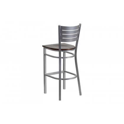 BLNK HERCULES Series Silver Metal Slat Back Restaurant Bar Stool with Wood Seat - Walnut