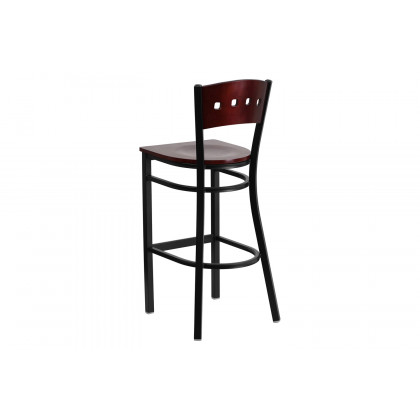 BLNK - HERCULES Series Black Metal 4 Square Back Restaurant Bar Stool with Mahogany Wood Back and Seat