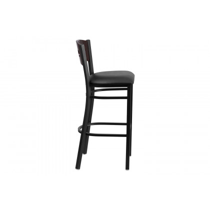 BLNK HERCULES Series Black Metal 3 Circle Back Restaurant Bar Stool with Walnut Wood Back and Vinyl Seat - Black