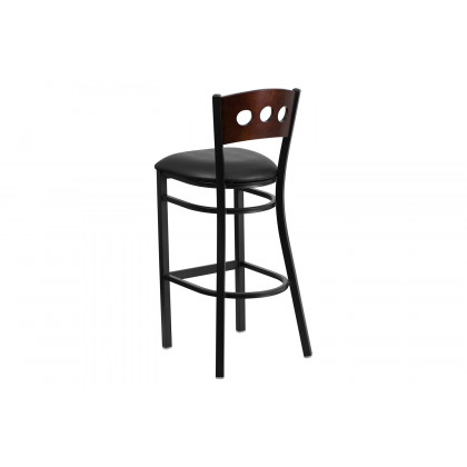 BLNK HERCULES Series Black Metal 3 Circle Back Restaurant Bar Stool with Walnut Wood Back and Vinyl Seat - Black