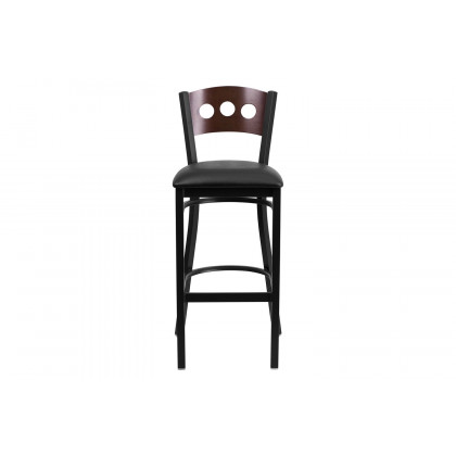 BLNK HERCULES Series Black Metal 3 Circle Back Restaurant Bar Stool with Walnut Wood Back and Vinyl Seat - Black