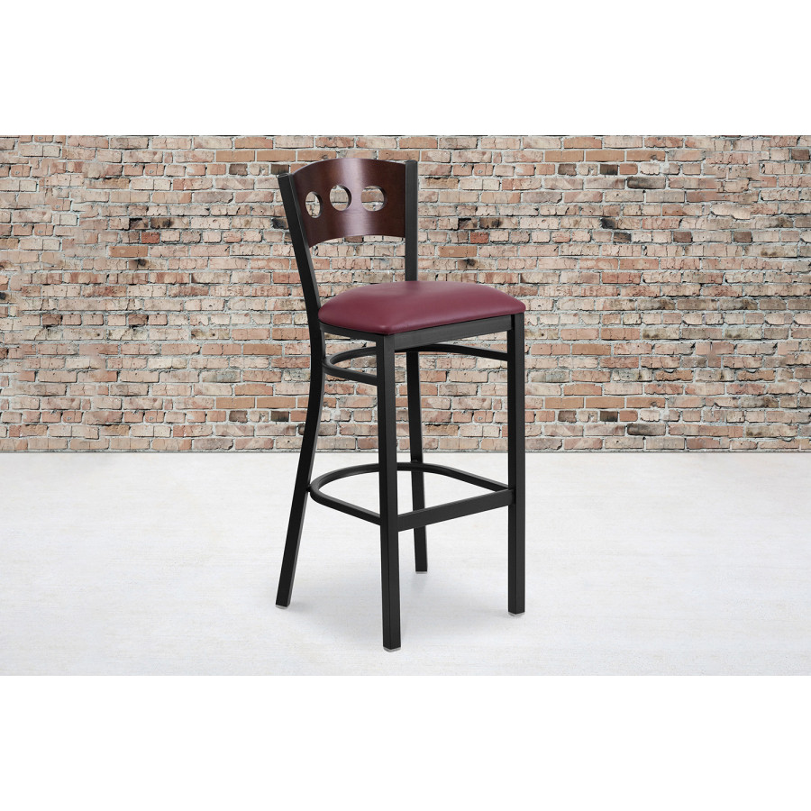 BLNK HERCULES Series Black Metal 3 Circle Back Restaurant Bar Stool with Walnut Wood Back and Vinyl Seat - Burgundy