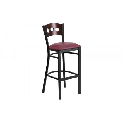 BLNK HERCULES Series Black Metal 3 Circle Back Restaurant Bar Stool with Walnut Wood Back and Vinyl Seat - Burgundy