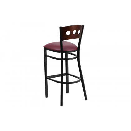BLNK HERCULES Series Black Metal 3 Circle Back Restaurant Bar Stool with Walnut Wood Back and Vinyl Seat - Burgundy
