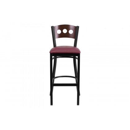 BLNK HERCULES Series Black Metal 3 Circle Back Restaurant Bar Stool with Walnut Wood Back and Vinyl Seat - Burgundy