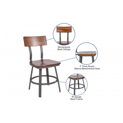 BLNK - Flint Series Rustic Walnut Restaurant Chair with Wood Seat and Back and Gray Powder Coat Frame