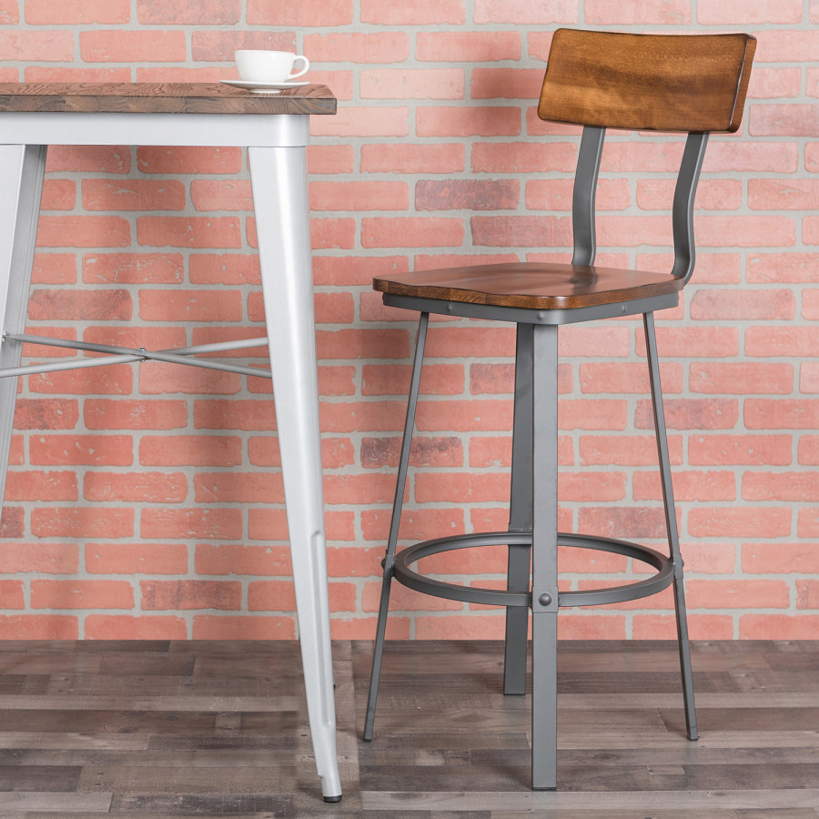 BLNK - Flint Series Rustic Walnut Restaurant Bar Stool with Wood Seat and Back and Gray Powder Coat Frame