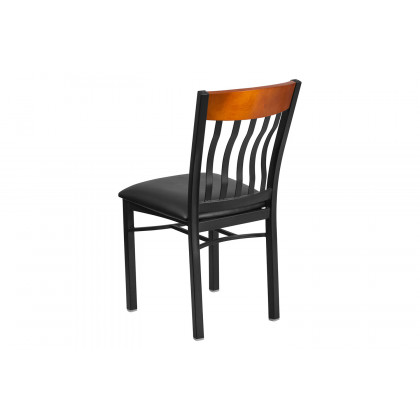 BLNK Eclipse Series Black Metal Vertical Back and Wood Restaurant Chair with Black Vinyl Seat - Cherry