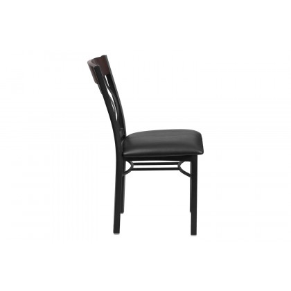 BLNK Eclipse Series Black Metal Vertical Back and Wood Restaurant Chair with Black Vinyl Seat - Walnut