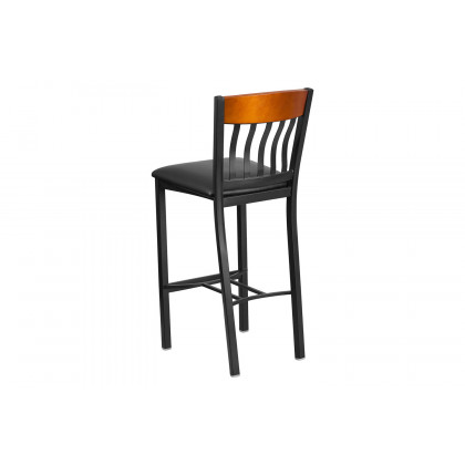 BLNK Eclipse Series Vertical Back Black and Cherry Wood Restaurant Bar Stool with Black Vinyl Seat