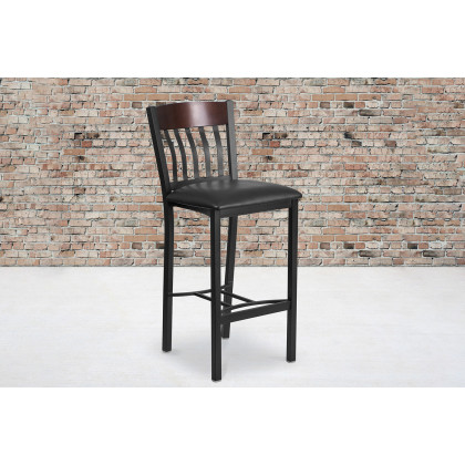 BLNK - Eclipse Series Vertical Back Black and Cherry Wood Restaurant Bar Stool with Black Vinyl Seat