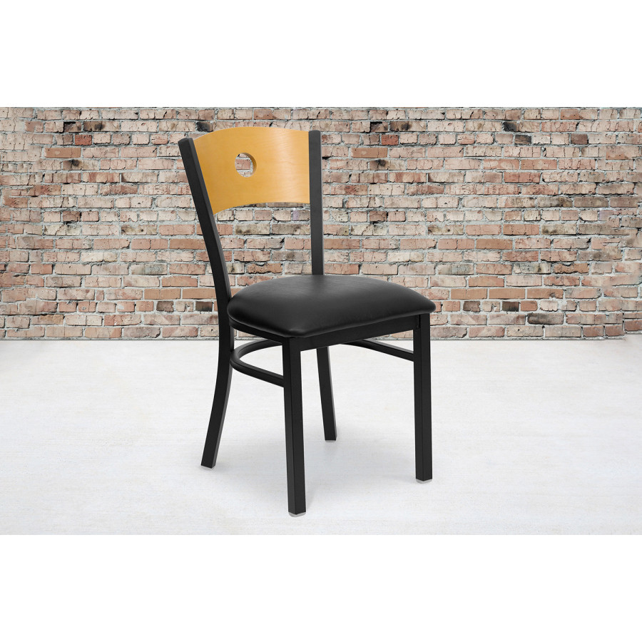 BLNK - HERCULES Series Black Metal Circle Back Restaurant Chair with Natural Wood Back and Vinyl Seat