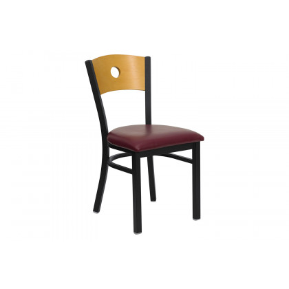 BLNK HERCULES Series Black Metal Circle Back Restaurant Chair with Natural Wood Back and Vinyl Seat - Burgundy