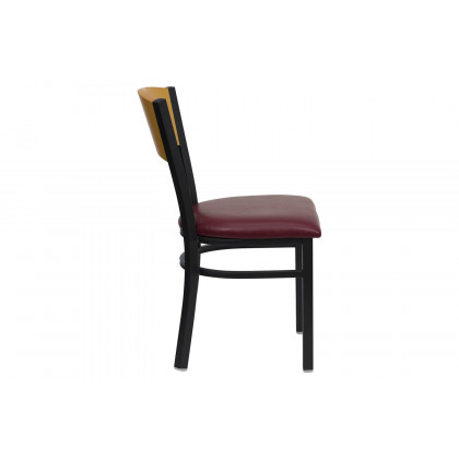 BLNK HERCULES Series Black Metal Circle Back Restaurant Chair with Natural Wood Back and Vinyl Seat - Burgundy