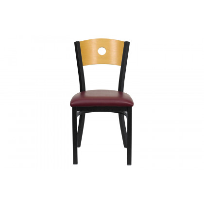 BLNK HERCULES Series Black Metal Circle Back Restaurant Chair with Natural Wood Back and Vinyl Seat - Burgundy