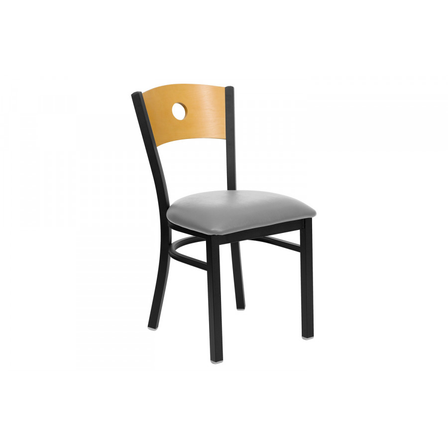 BLNK HERCULES Series Black Metal Circle Back Restaurant Chair with Wood Back and Custom Upholstered Seat