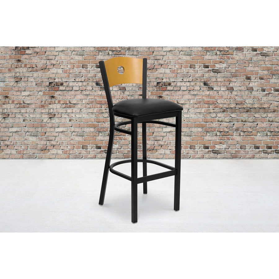 BLNK HERCULES Series Black Metal Circle Back Restaurant Bar Stool with Natural Wood Back and Vinyl Seat - Black