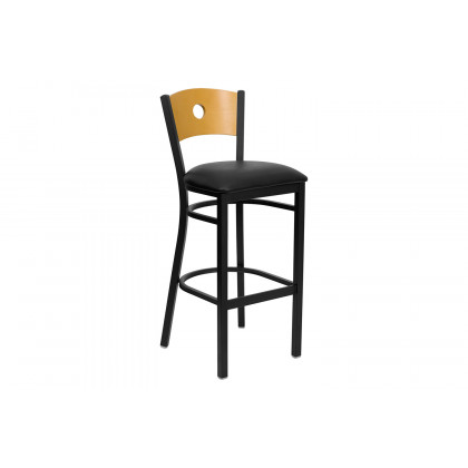 BLNK HERCULES Series Black Metal Circle Back Restaurant Bar Stool with Natural Wood Back and Vinyl Seat - Black