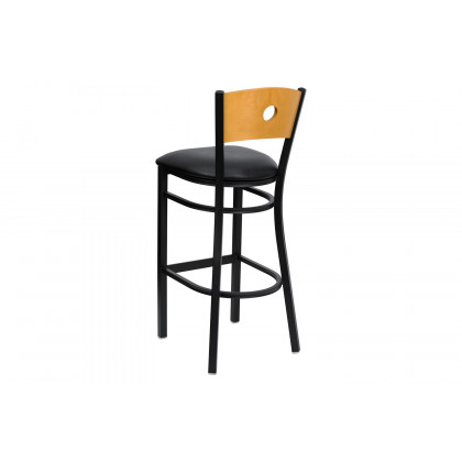 BLNK HERCULES Series Black Metal Circle Back Restaurant Bar Stool with Natural Wood Back and Vinyl Seat - Black