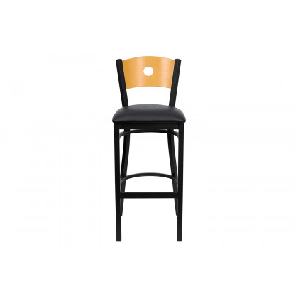 BLNK HERCULES Series Black Metal Circle Back Restaurant Bar Stool with Natural Wood Back and Vinyl Seat - Black