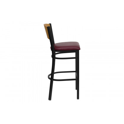 BLNK HERCULES Series Black Metal Circle Back Restaurant Bar Stool with Natural Wood Back and Vinyl Seat - Burgundy