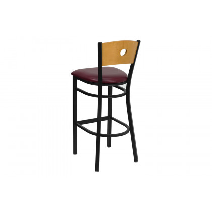 BLNK HERCULES Series Black Metal Circle Back Restaurant Bar Stool with Natural Wood Back and Vinyl Seat - Burgundy