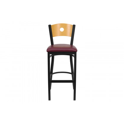 BLNK HERCULES Series Black Metal Circle Back Restaurant Bar Stool with Natural Wood Back and Vinyl Seat - Burgundy