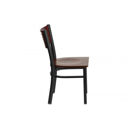 BLNK HERCULES Series Black Metal Slat Back Restaurant Chair with Wood Back and Seat - Mahogany