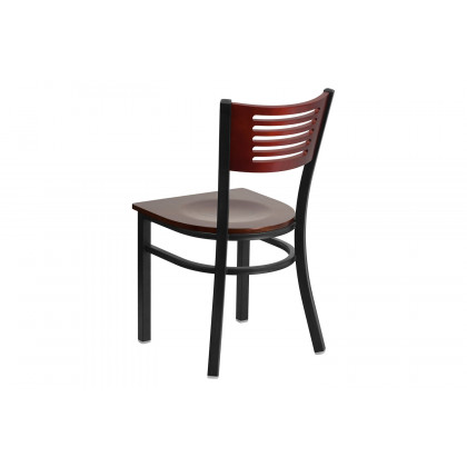 BLNK HERCULES Series Black Metal Slat Back Restaurant Chair with Wood Back and Seat - Mahogany