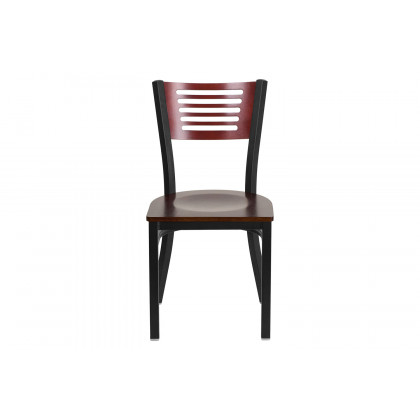 BLNK HERCULES Series Black Metal Slat Back Restaurant Chair with Wood Back and Seat - Mahogany