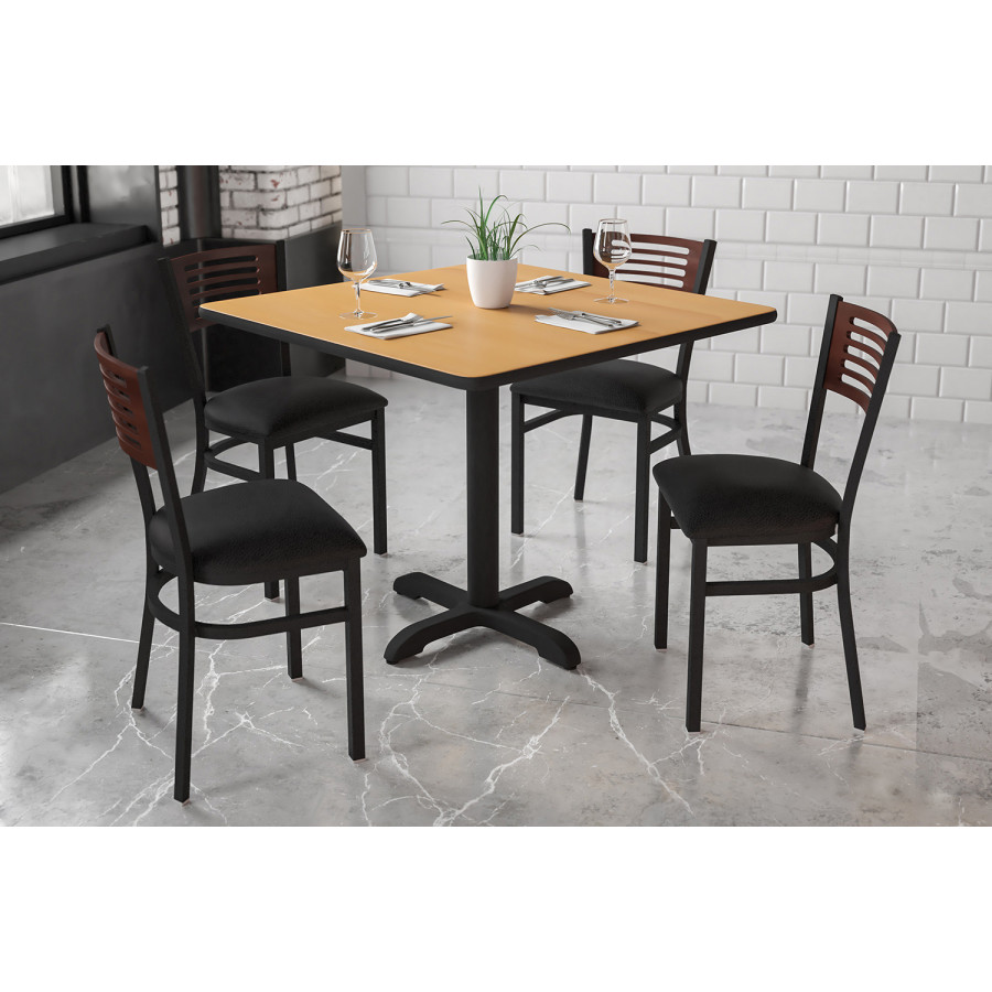 BLNK HERCULES Series Black Metal Slat Back Restaurant Chair with Walnut Wood Back and Vinyl Seat - Black