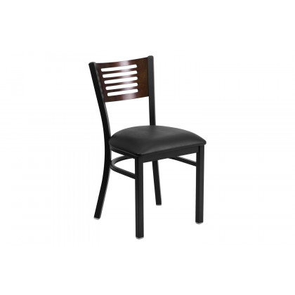BLNK HERCULES Series Black Metal Slat Back Restaurant Chair with Walnut Wood Back and Vinyl Seat - Black