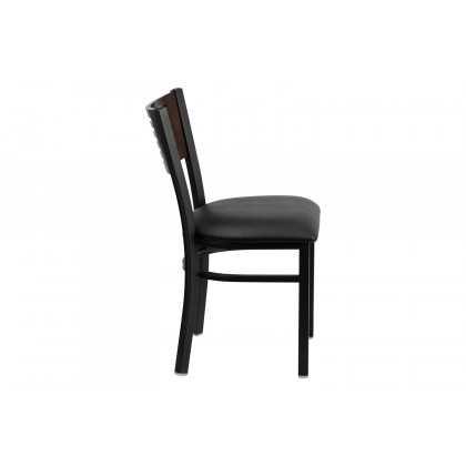 BLNK HERCULES Series Black Metal Slat Back Restaurant Chair with Walnut Wood Back and Vinyl Seat - Black
