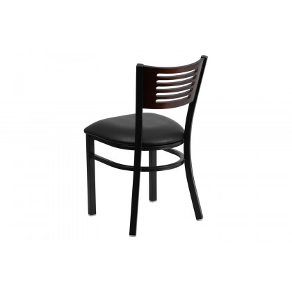 BLNK HERCULES Series Black Metal Slat Back Restaurant Chair with Walnut Wood Back and Vinyl Seat - Black