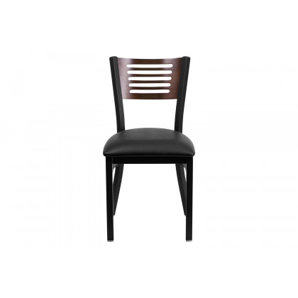 BLNK HERCULES Series Black Metal Slat Back Restaurant Chair with Walnut Wood Back and Vinyl Seat - Black