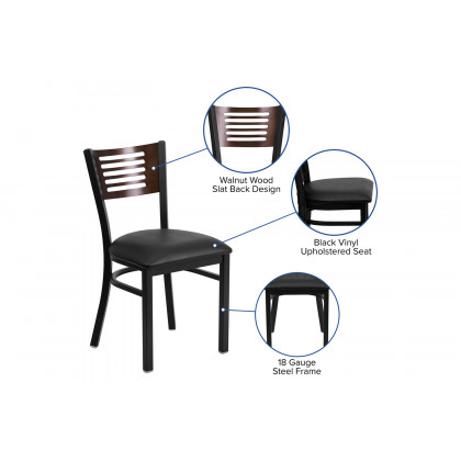 BLNK HERCULES Series Black Metal Slat Back Restaurant Chair with Walnut Wood Back and Vinyl Seat - Black
